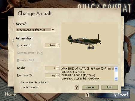 Selecting the Spitfire in CFS1 for Quick Combat